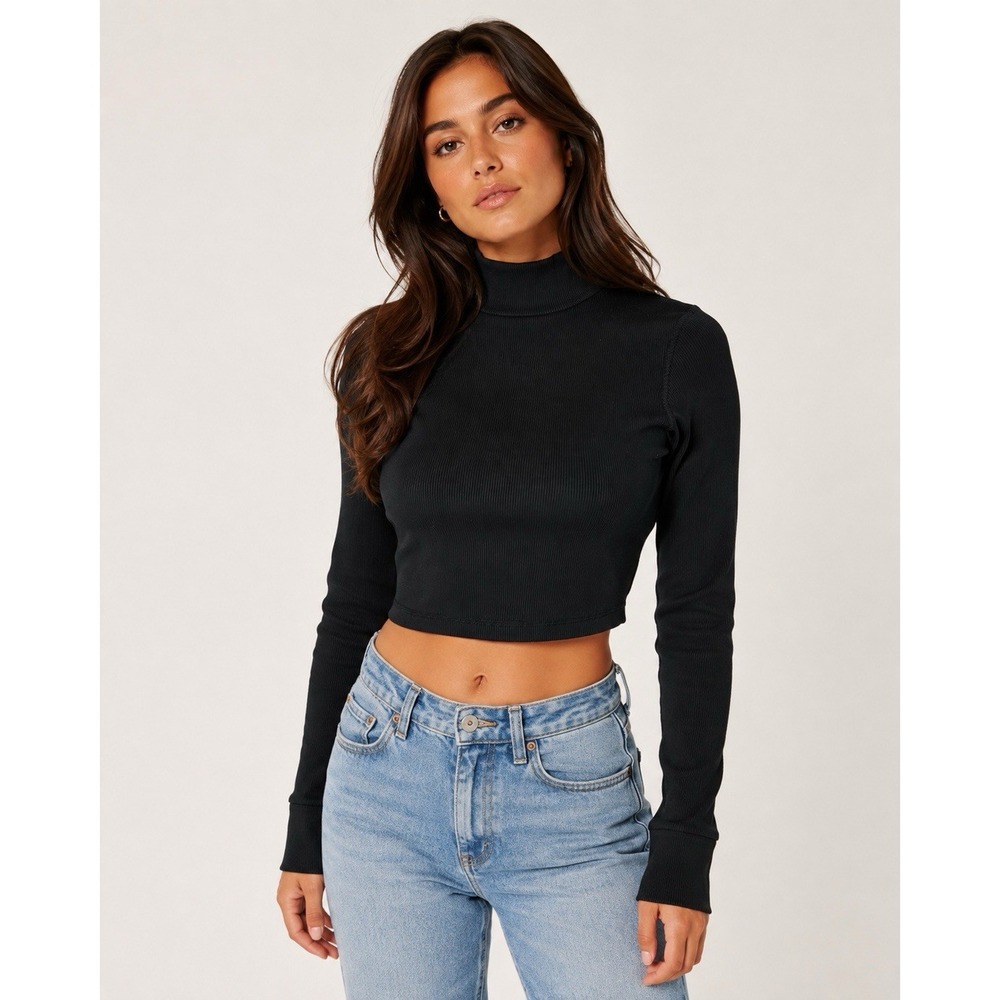 OFFLINE by Aerie Black Ribbed Turtleneck Crop Top Long Sleeve Slim Fit Small